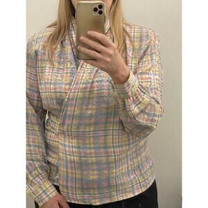 Vintage Plaid Silk Top Pastel Blouse Large Drape V Neck 80s 90s Career Dressy